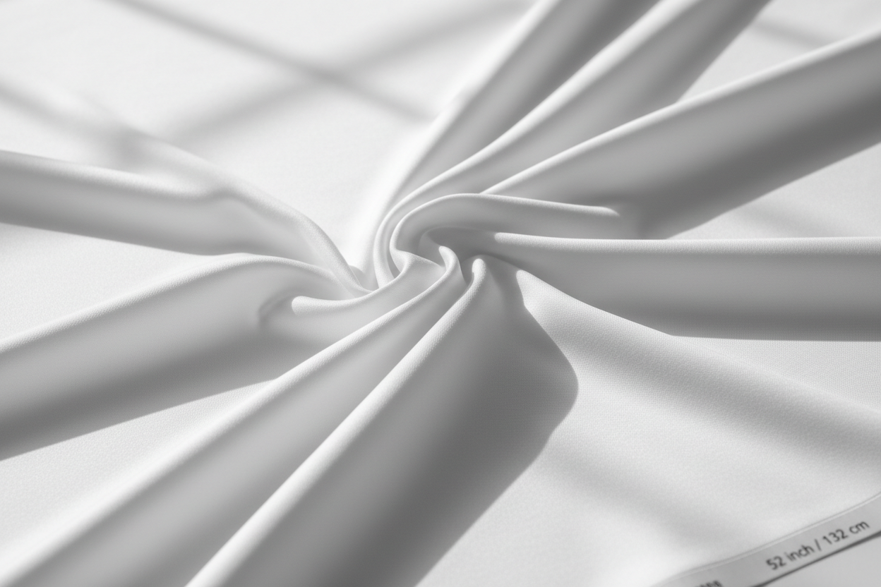 Close-up detail of premium white wash and wear wrinkle-resistant fabric texture 52 inch width