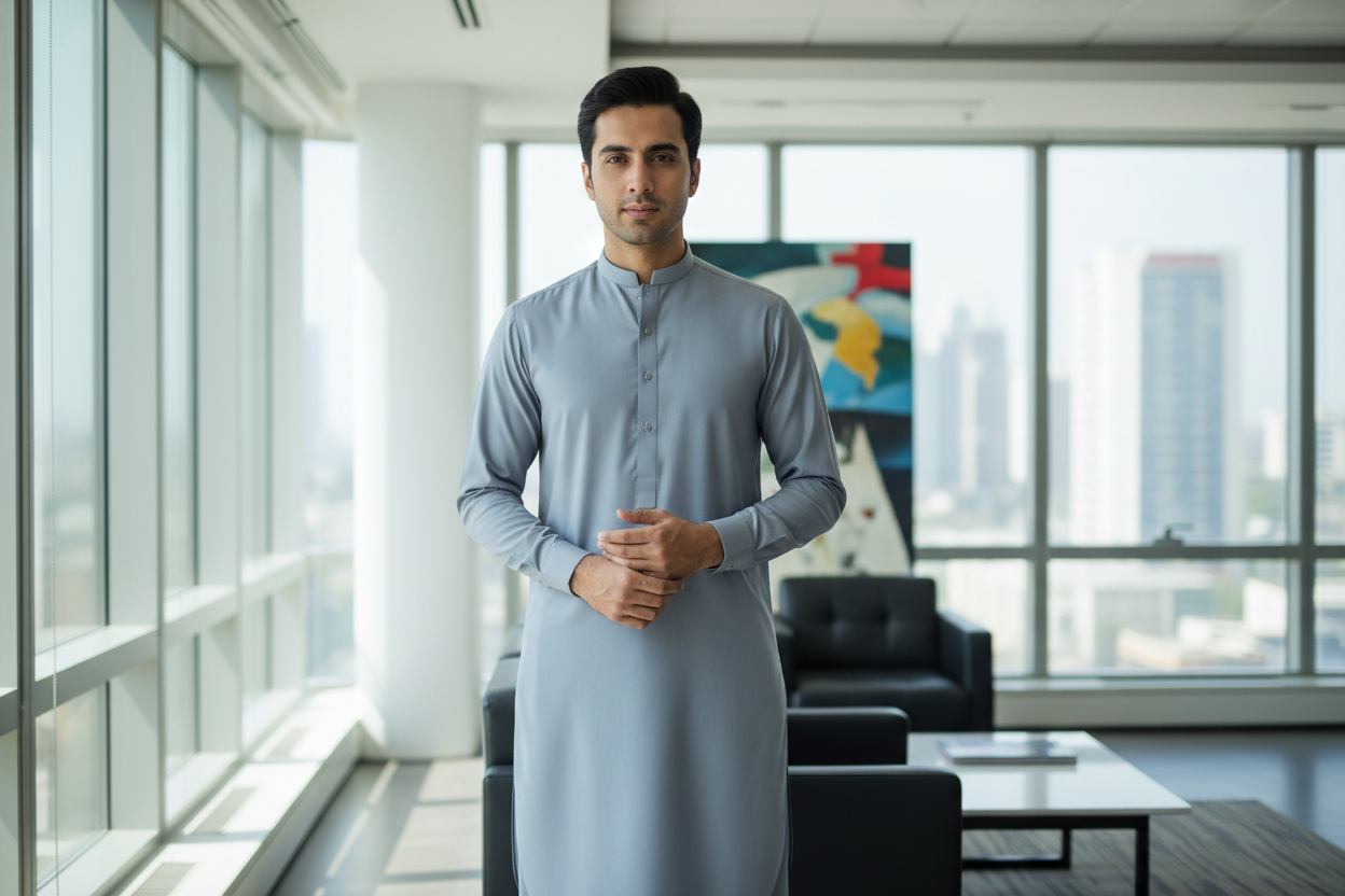 Pakistani man wearing silver grey Breeze wash and wear shalwar kameez in modern office business setting