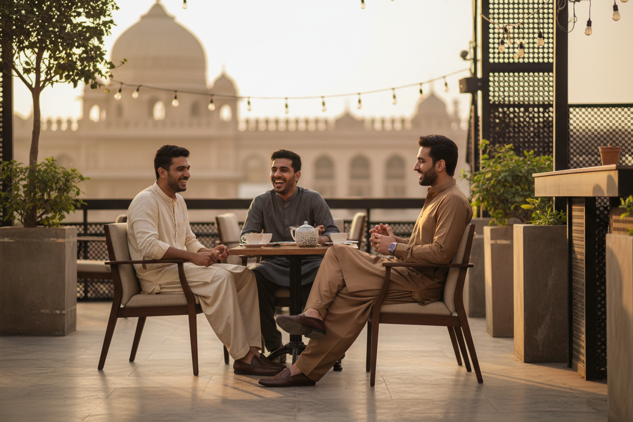 Casual lifestyle photo of man in tawny brown Breeze fabric at outdoor cafe social gathering