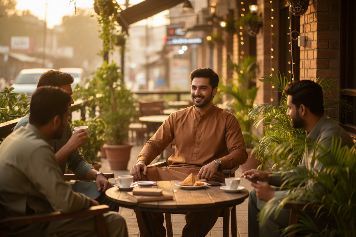 Casual lifestyle photo of man in tawny brown Breeze fabric at outdoor cafe