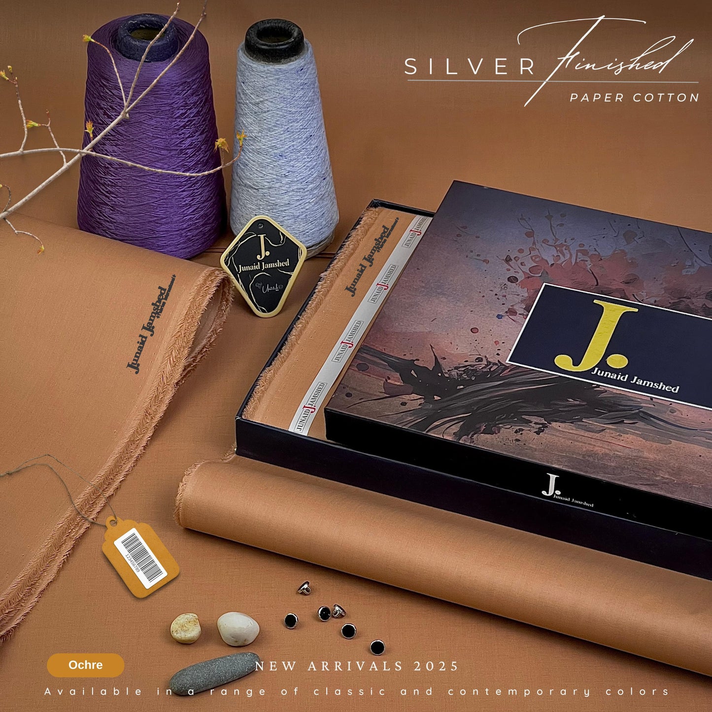 J dot Silver Finish Paper Cotton Box Pack Unstitched Suit for Men - Ochre - BRJP-10