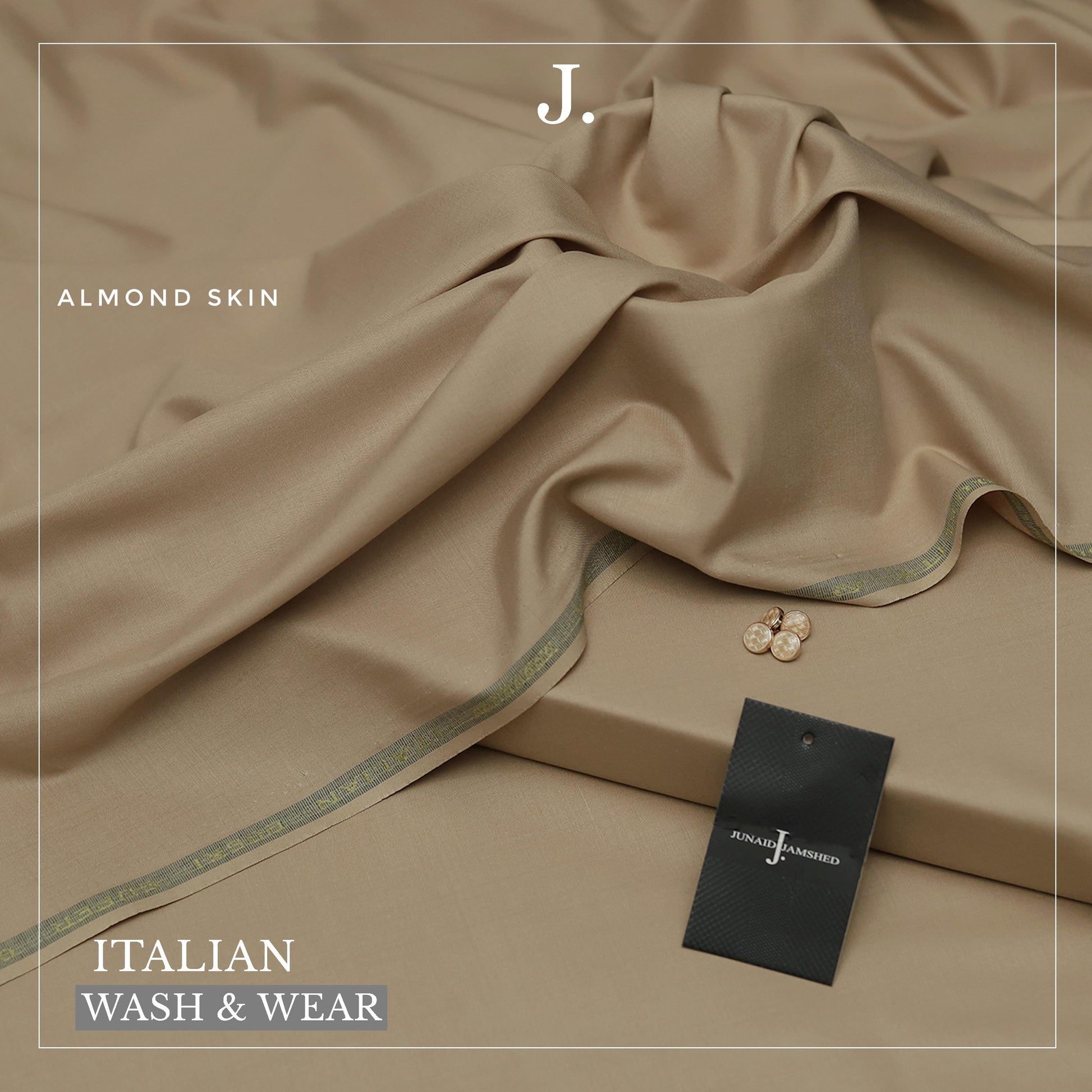 Brown fabric with a tag displaying 'J.' brand on a matching brown background