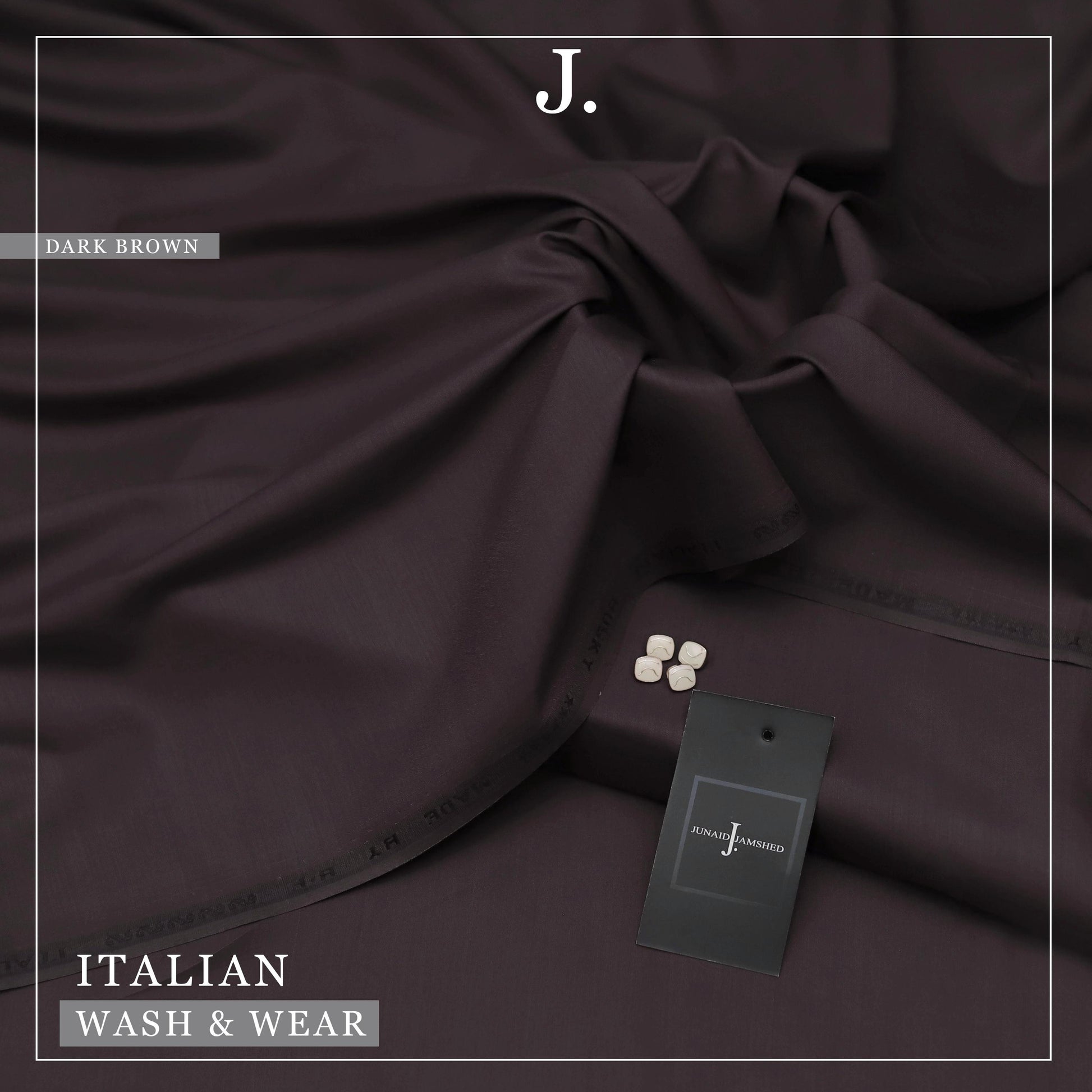 Dark brown fabric with a tag and 'J.' brand logo on a dark background