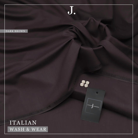 Dark brown fabric with a tag and 'J.' brand logo on a dark background