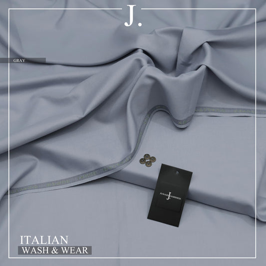 Gray fabric with a tag displaying a brand logo on a white background