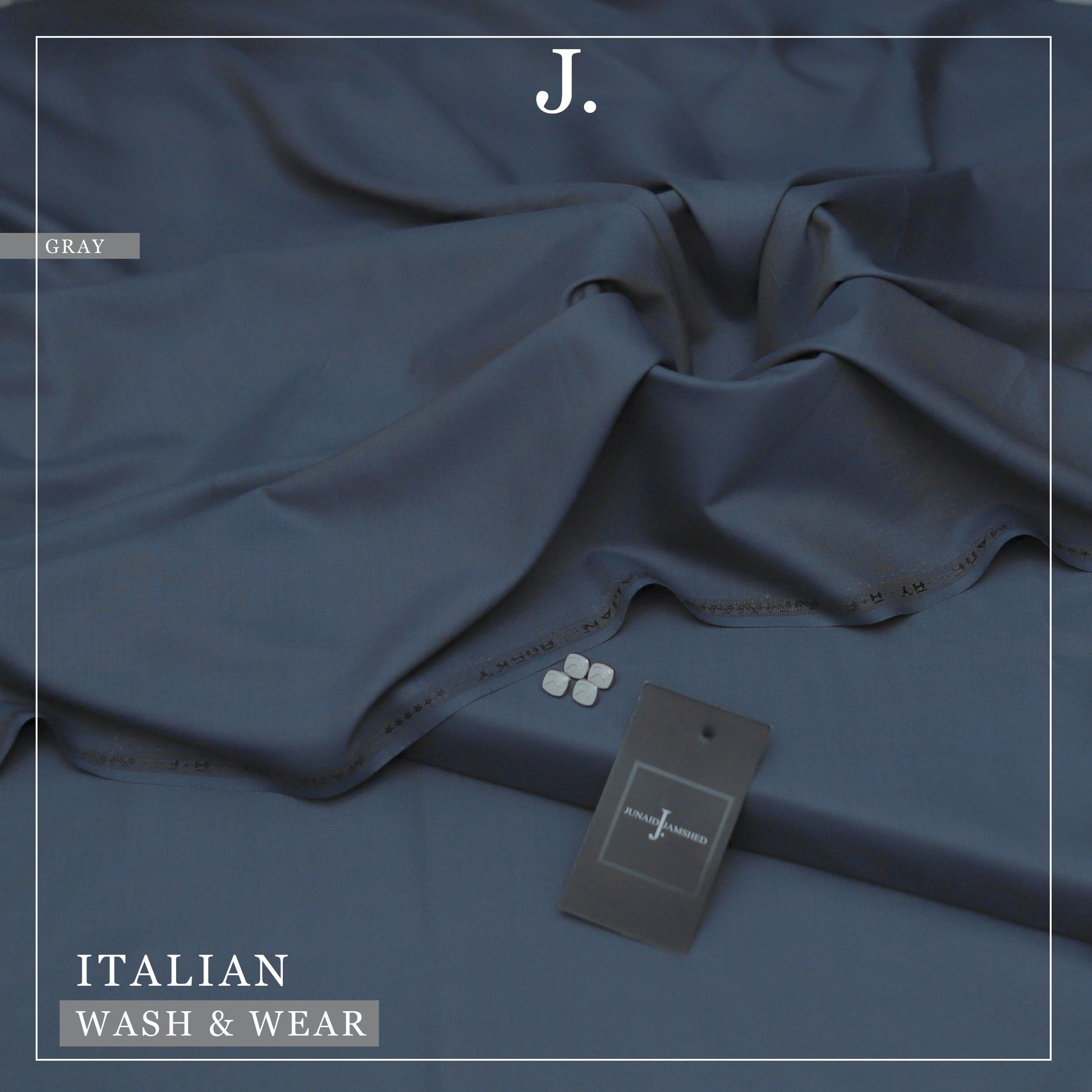 Gray fabric with a tag labeled 'J.' on a matching background