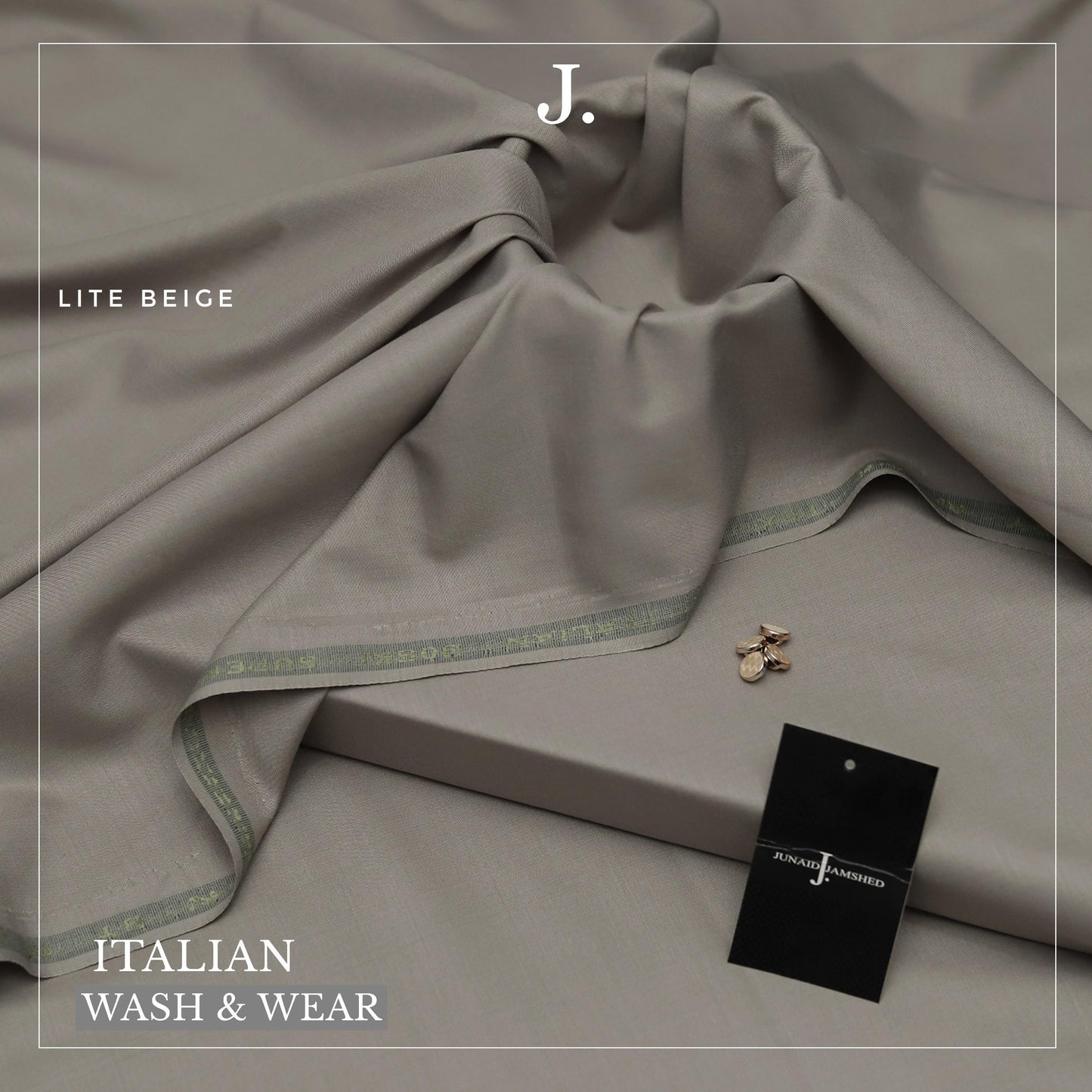 Light beige fabric with a tag displaying 'J' brand on a matching background