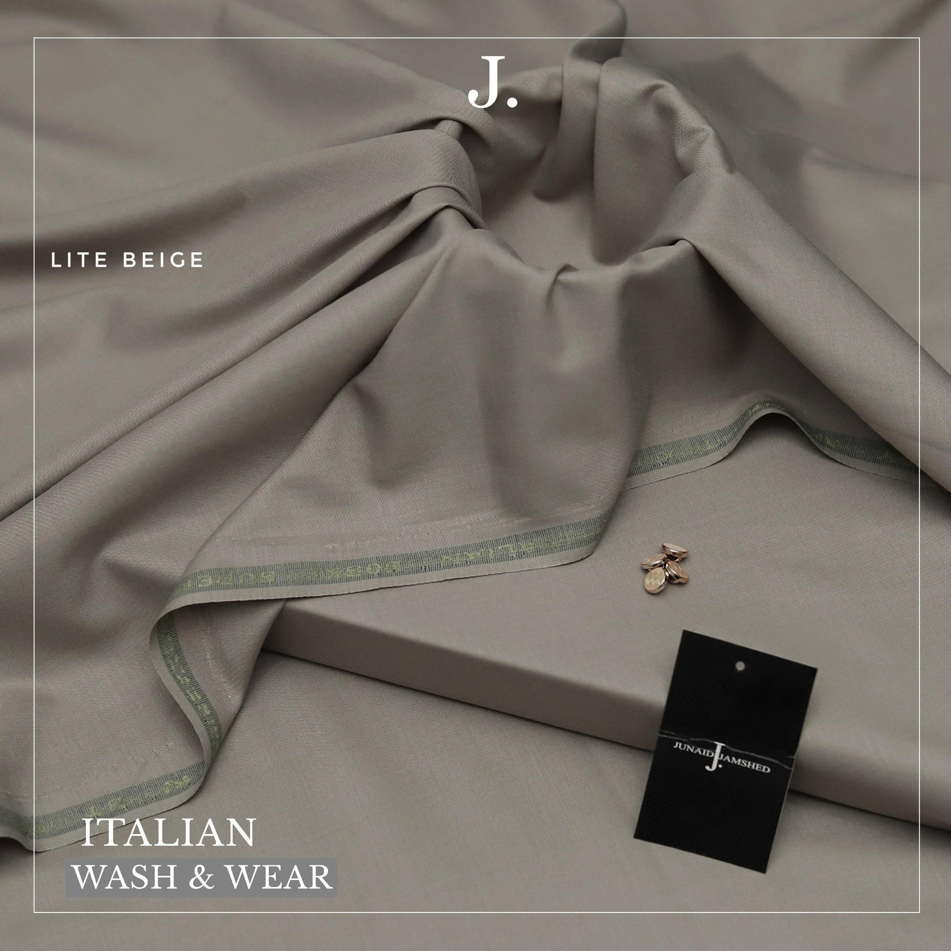 Light beige fabric with a tag displaying 'J' brand on a matching background