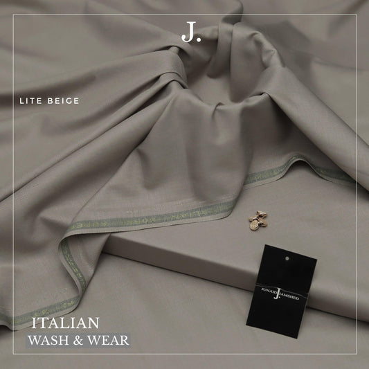 Light beige fabric with a tag displaying 'J' brand on a matching background
