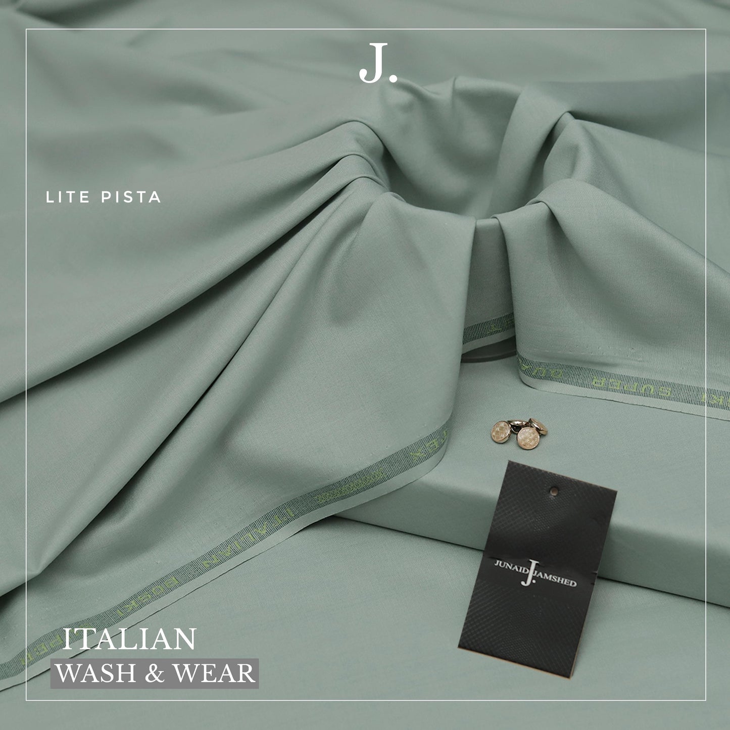 Light pista green fabric with cufflinks and a tag on a matching background, featuring the brand 'J.'