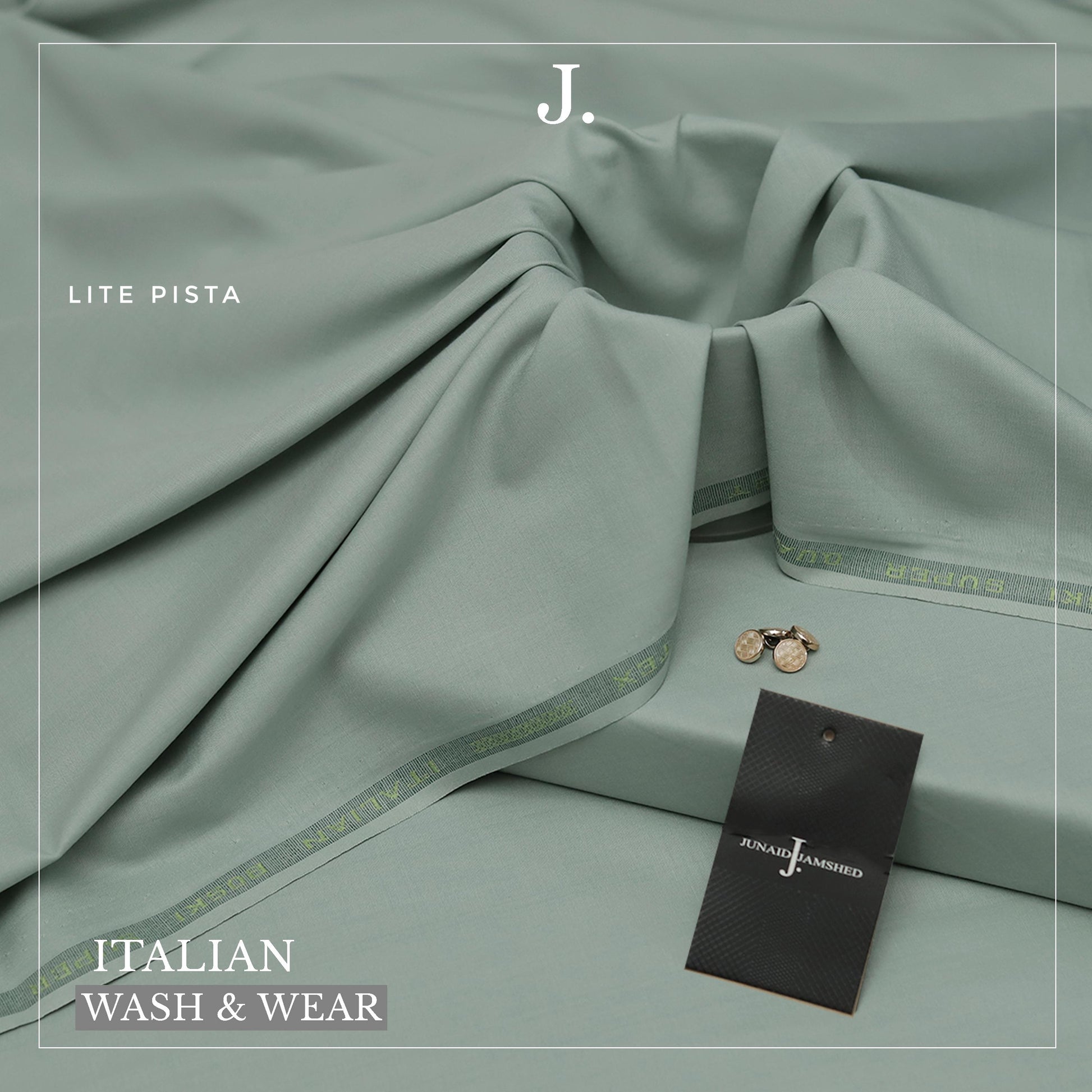 Light pista green fabric with cufflinks and a tag on a matching background, featuring the brand 'J.'