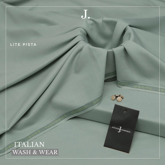 Light pista green fabric with cufflinks and a tag on a matching background, featuring the brand 'J.'
