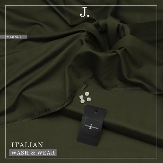 Dark mehndi green fabric with a tag and buttons on a matching background, featuring the brand 'J'.