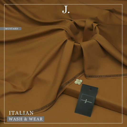 Mustard fabric with 'J.' brand tag and text 'Italian Wash & Wear'