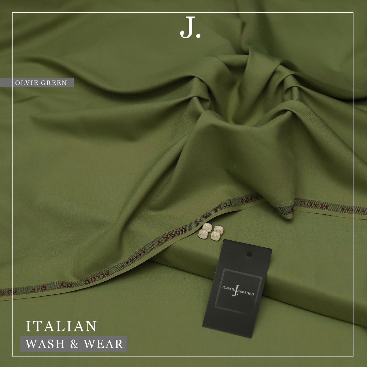 Olive Green fabric with a tag and text overlay on a matching background