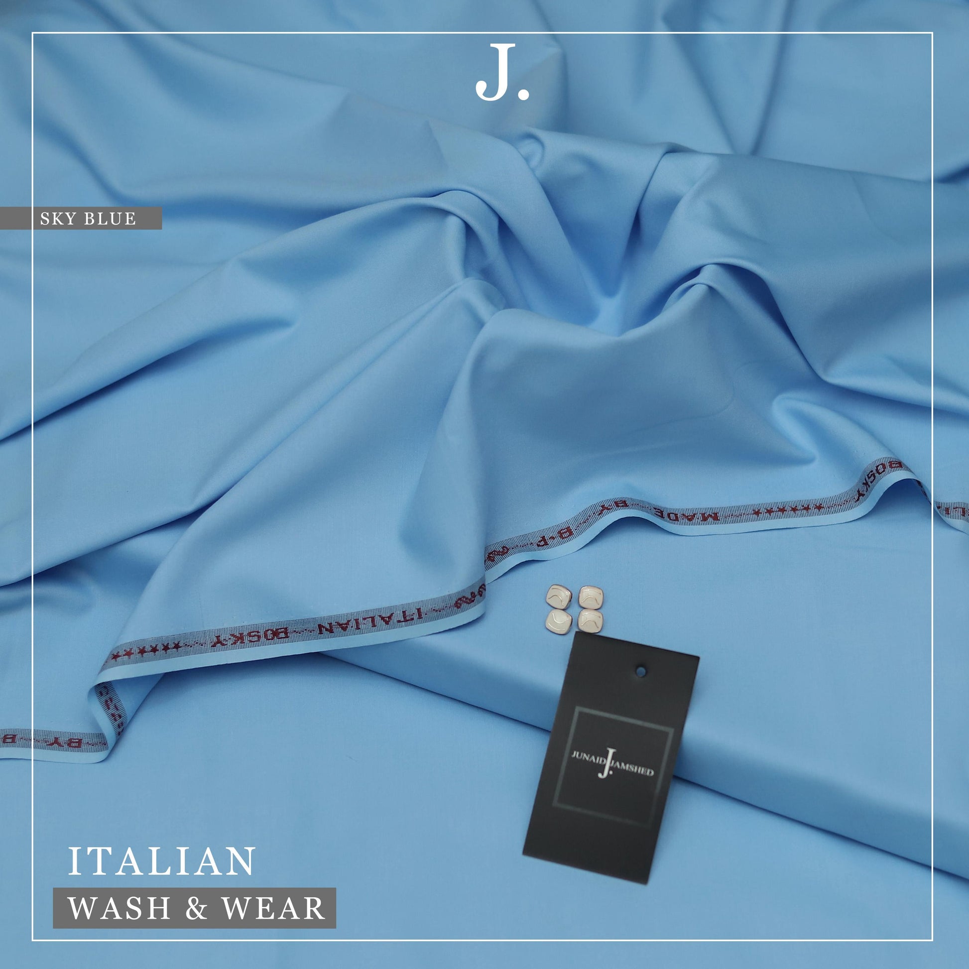Blue fabric with 'J' brand tag and 'Italian Wash & Wear' text on a light blue background