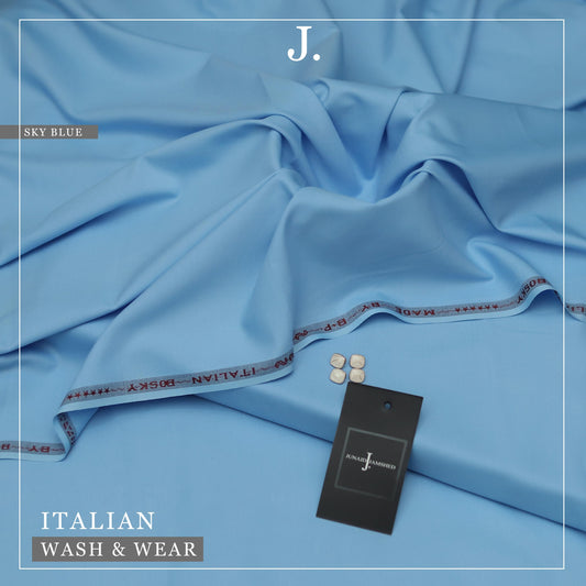Blue fabric with 'J' brand tag and 'Italian Wash & Wear' text on a light blue background