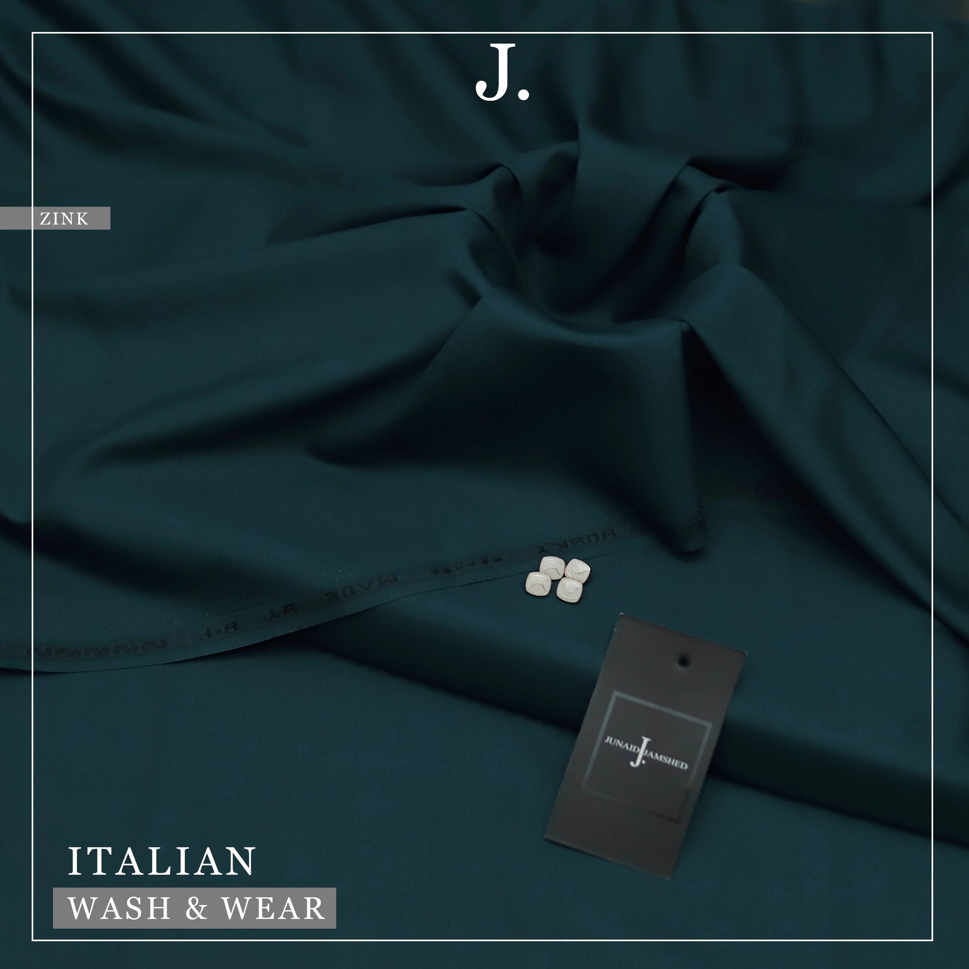 Zink fabric with a tag and buttons on a matching background, featuring the brand 'J.'