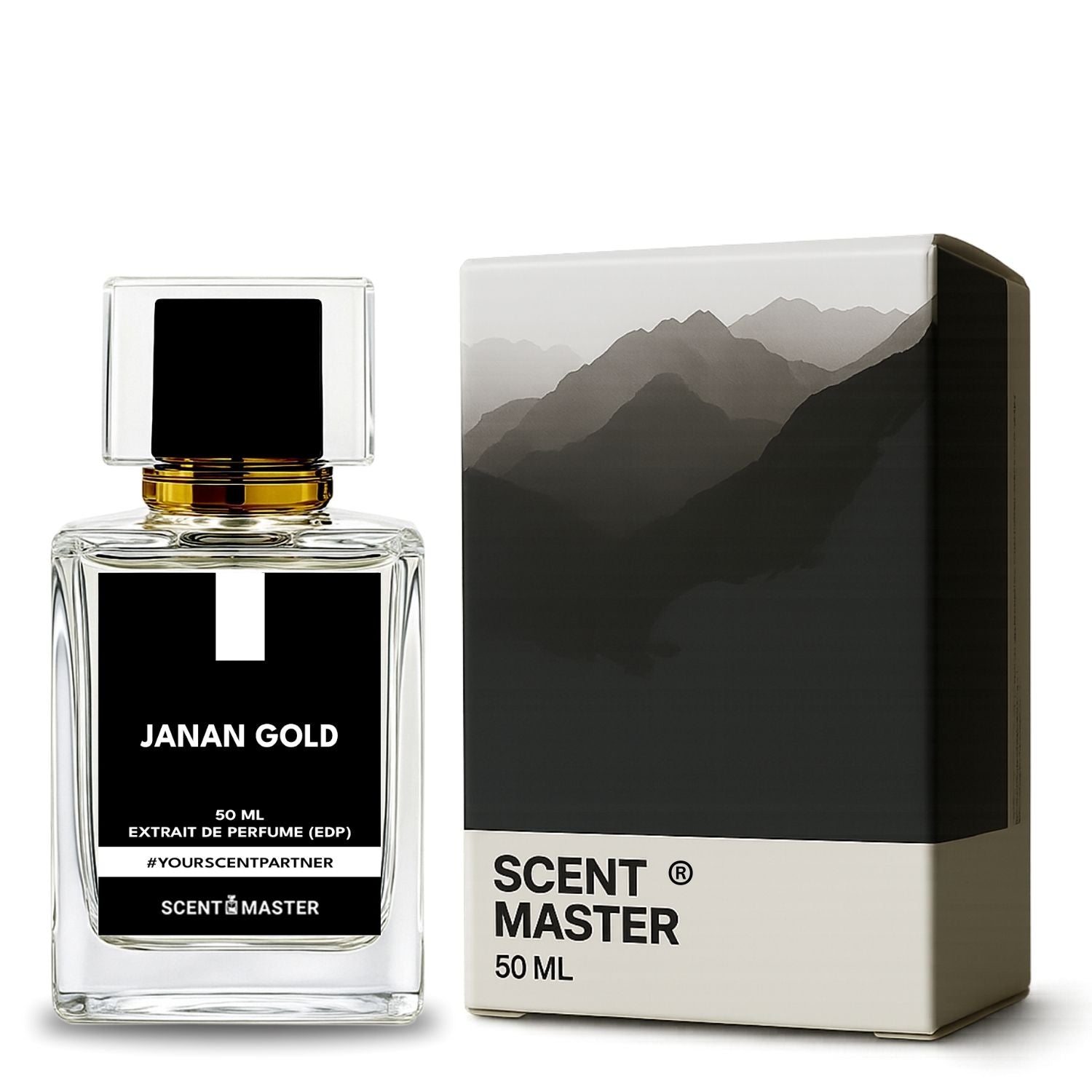 JANAN GOLD perfume bottle and packaging with mountain design on a white background