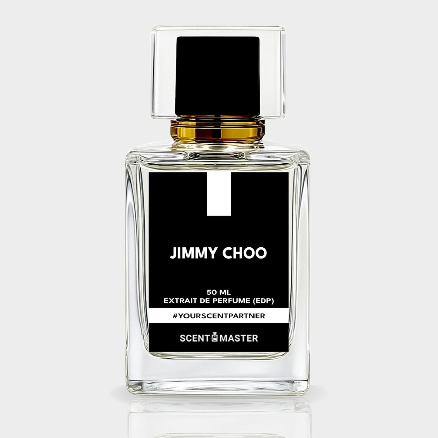 Jimmy Choo perfume bottle with black label on a white background