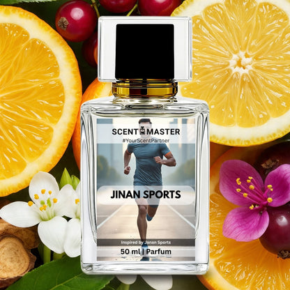 Parfum bottle labeled 'Jinan Sports' surrounded by fruits and flowers
