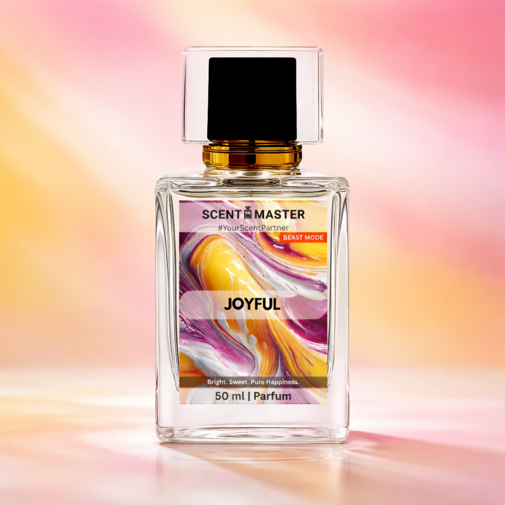 Perfume bottle labeled 'JOYFUL' by Scent Master on a colorful gradient background