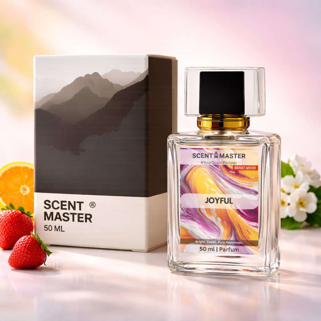 Scent Master Joyful perfume bottle with packaging and fruit on a light background