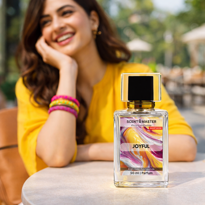 Woman sitting outdoors with a 'Scent Master Joyful' perfume bottle in front of her.