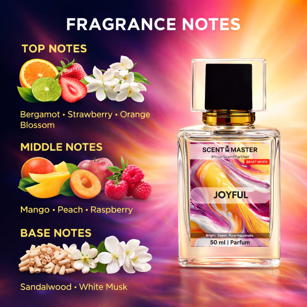 Perfume bottle labeled 'JOYFUL' with fragrance notes displayed on a colorful background