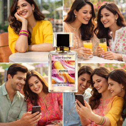 Collage of people enjoying moments together with a 'Scent Master Joyful' perfume bottle.