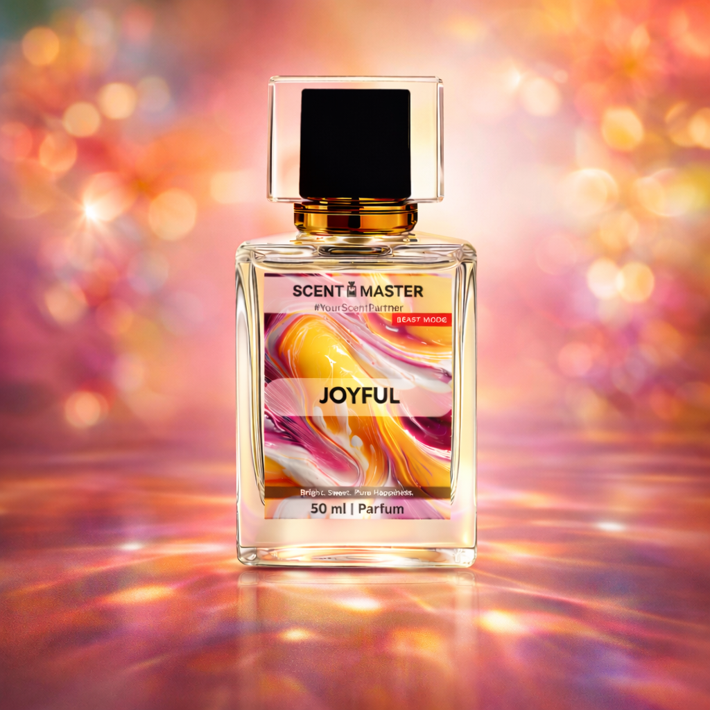 Perfume bottle labeled 'JOYFUL' by 'SCENT MASTER' on a colorful, blurred background