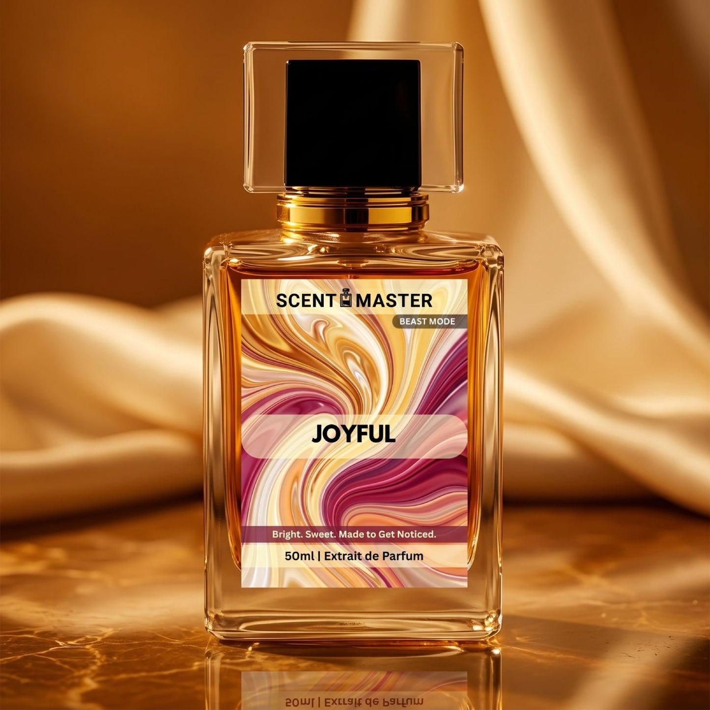 Joyful by Scent Master 50ml luxury fruity sweet perfume close-up with golden studio background