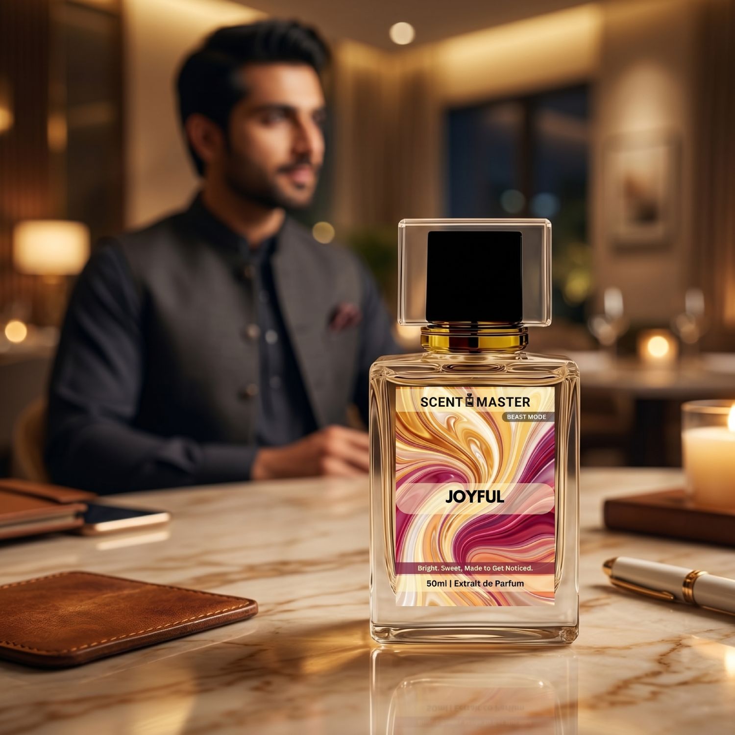 Joyful by Scent Master unisex perfume for men and women in a premium Pakistani evening setting