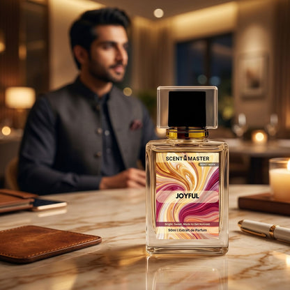 Joyful by Scent Master unisex perfume for men and women in a premium Pakistani evening setting