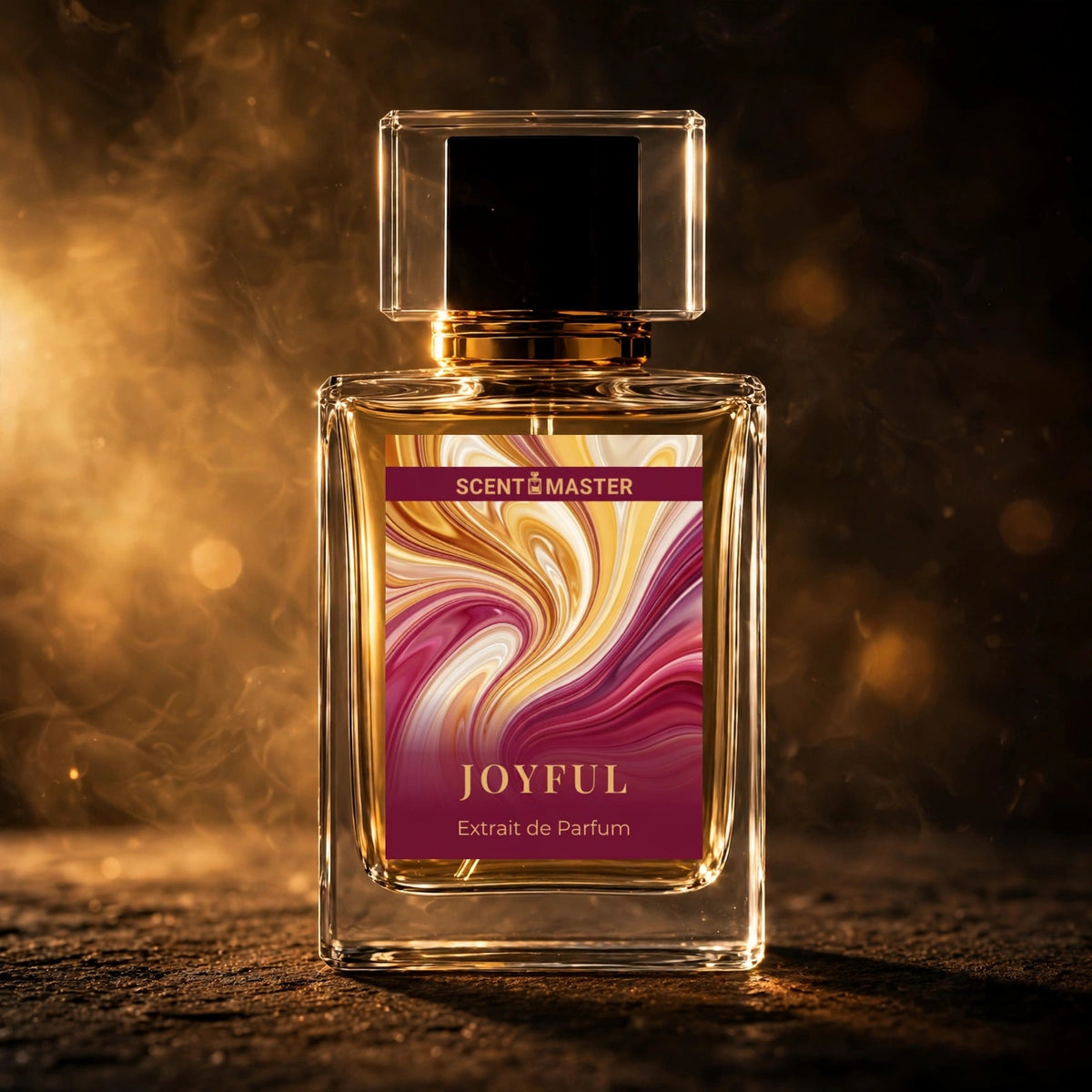 Cinematic editorial shot of Joyful perfume bottle by Scent Master