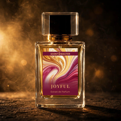 Cinematic editorial shot of Joyful perfume bottle by Scent Master