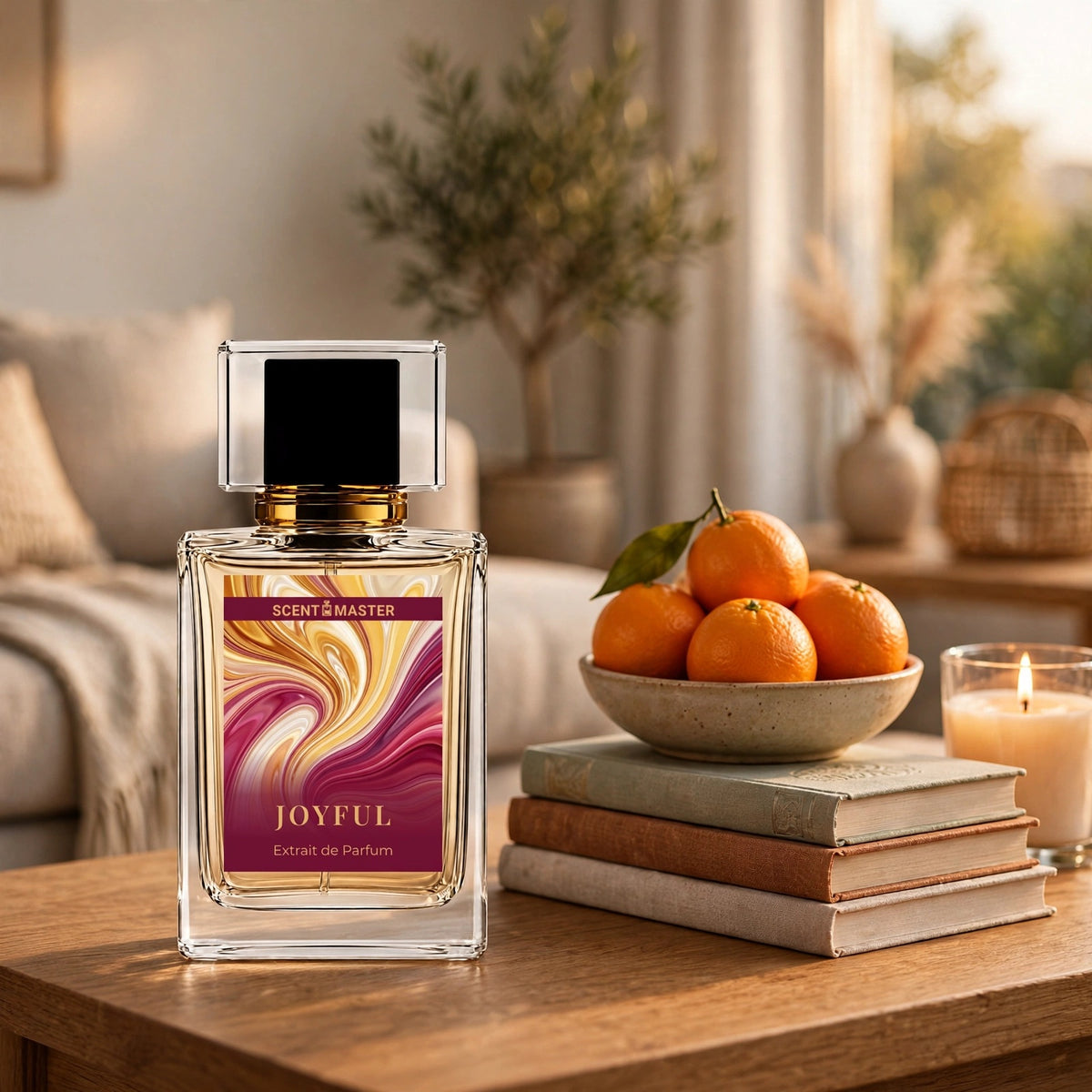 Joyful Sweet Amber perfume styled in a warm home lifestyle setting