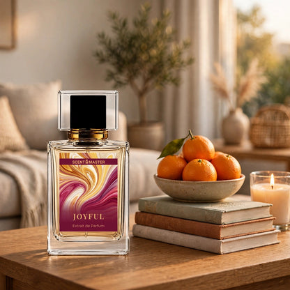 Joyful Sweet Amber perfume styled in a warm home lifestyle setting
