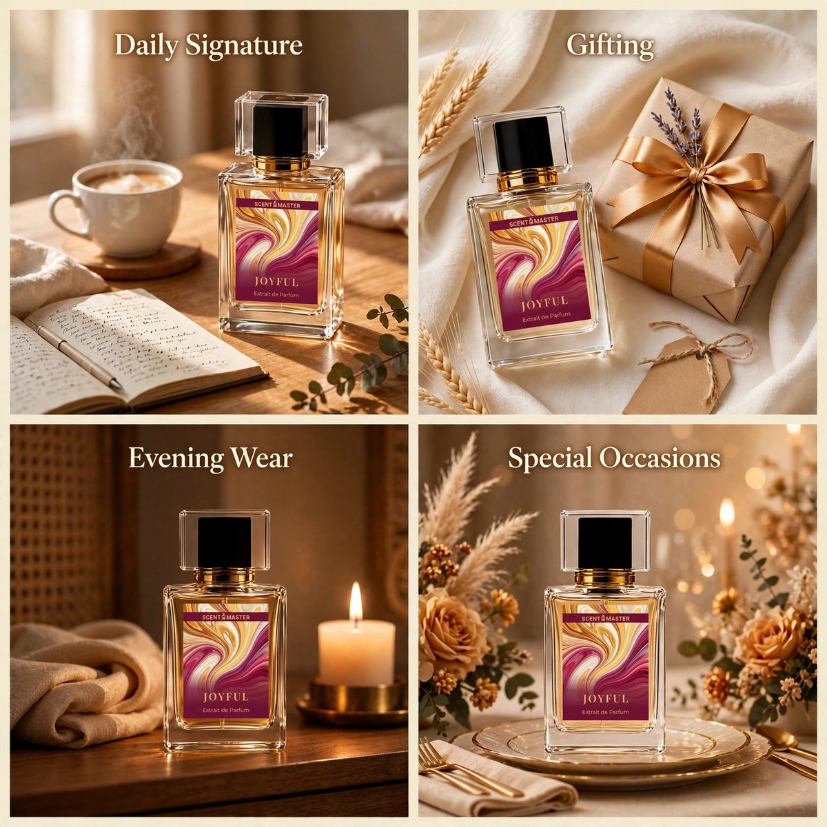 Joyful perfume occasion split layout showing daily, gifting, evening, and special occasion styling