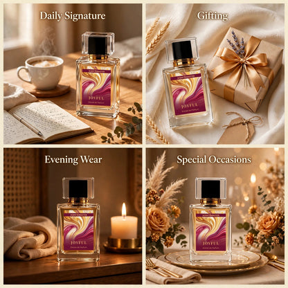 Joyful perfume occasion split layout showing daily, gifting, evening, and special occasion styling