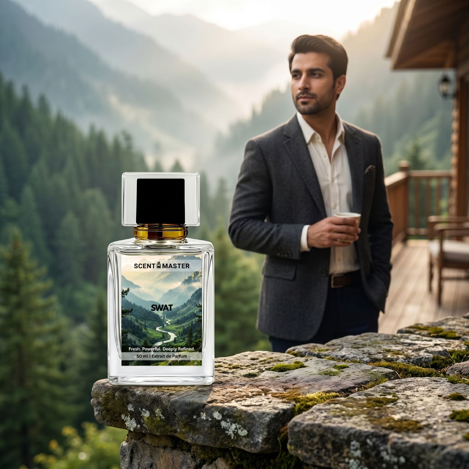 Swat by Scent Master men’s lifestyle perfume image with Pakistani model in a fresh mountain setting