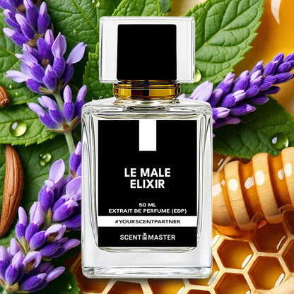 Perfume bottle labeled 'Le Male Elixir' surrounded by lavender flowers and honeycomb.