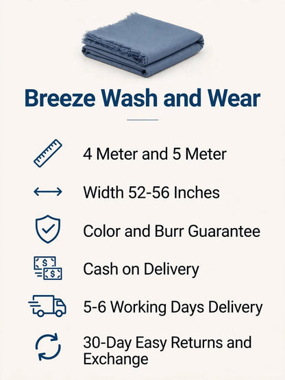 Libas-E-Andalus Breeze Wash and Wear specs: 4 meter and 5 meter, 52-56 inch width, Color and Burr Guarantee, COD, 5-6 working days delivery, 30-day returns and exchange