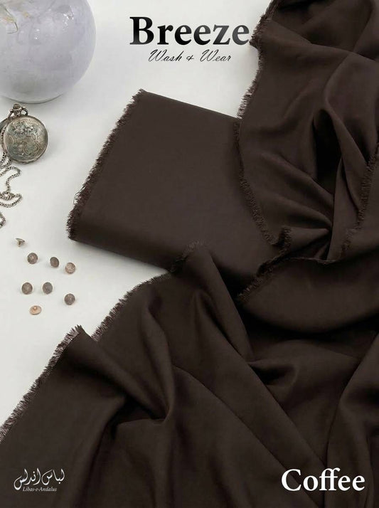 Libas-e-Andalus Breeze Tropical Wash and Wear unstitched suit for men in Coffee, folded with open fabric