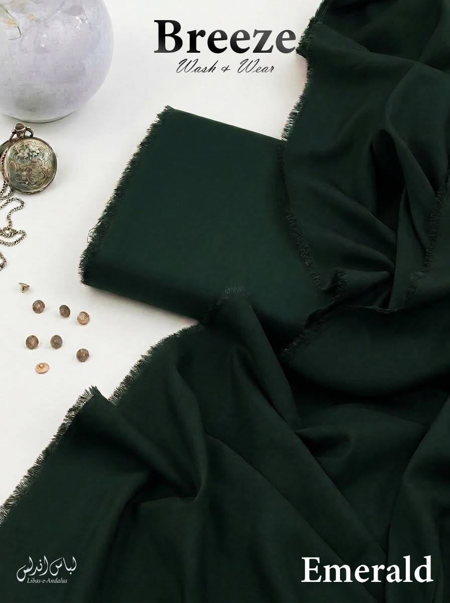 Libas-e-Andalus Breeze Tropical Wash and Wear unstitched suit for men in Emerald, folded with open fabric
