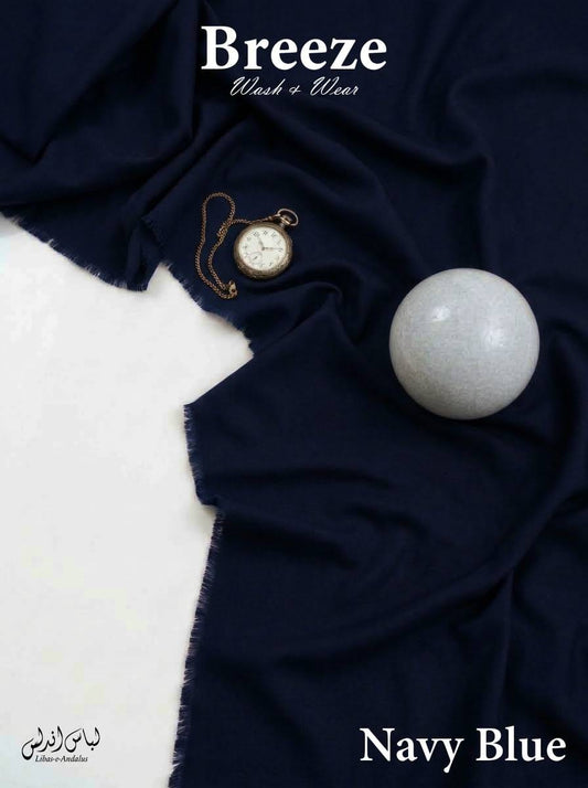 Navy Blue Breeze Wash and Wear unstitched fabric for men draped in soft folds, Libas-e-Andalus