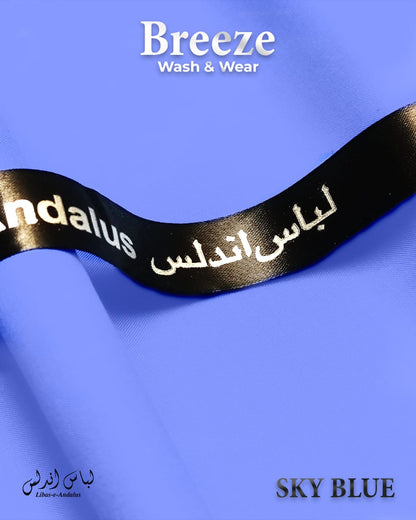 Black ribbon with text on a sky blue background, featuring the brand 'Breeze Wash & Wear'.