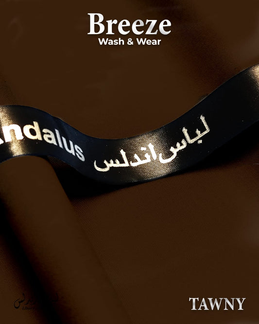 Black ribbon with 'Andalus' branding on a Tawny color fabric, featuring the 'Breeze Wash & Wear' logo.