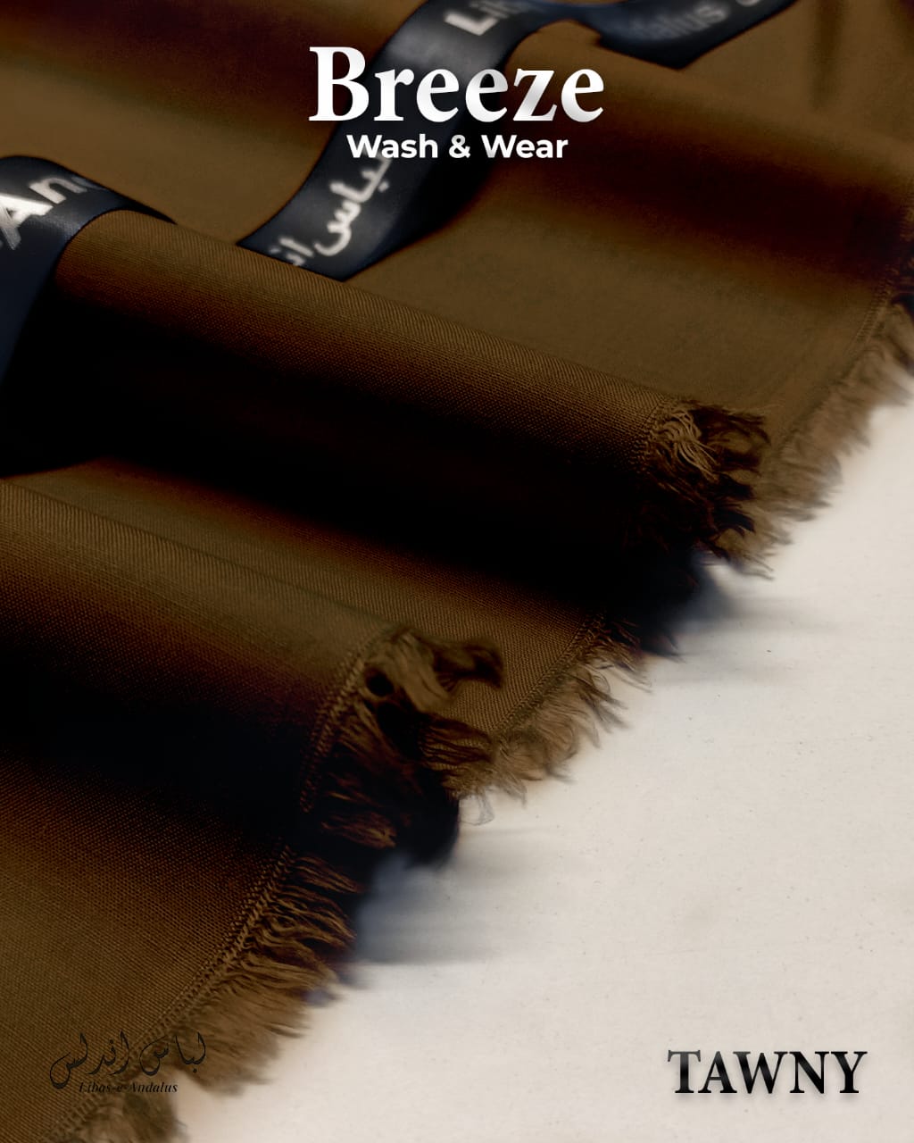 Tawny fabric with 'Breeze Wash & Wear' label on a white background
