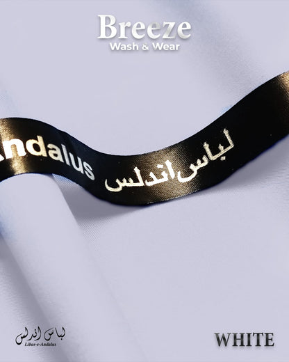 Black ribbon with 'Andalus' text on a white shirt, featuring 'Breeze Wash & Wear' branding.